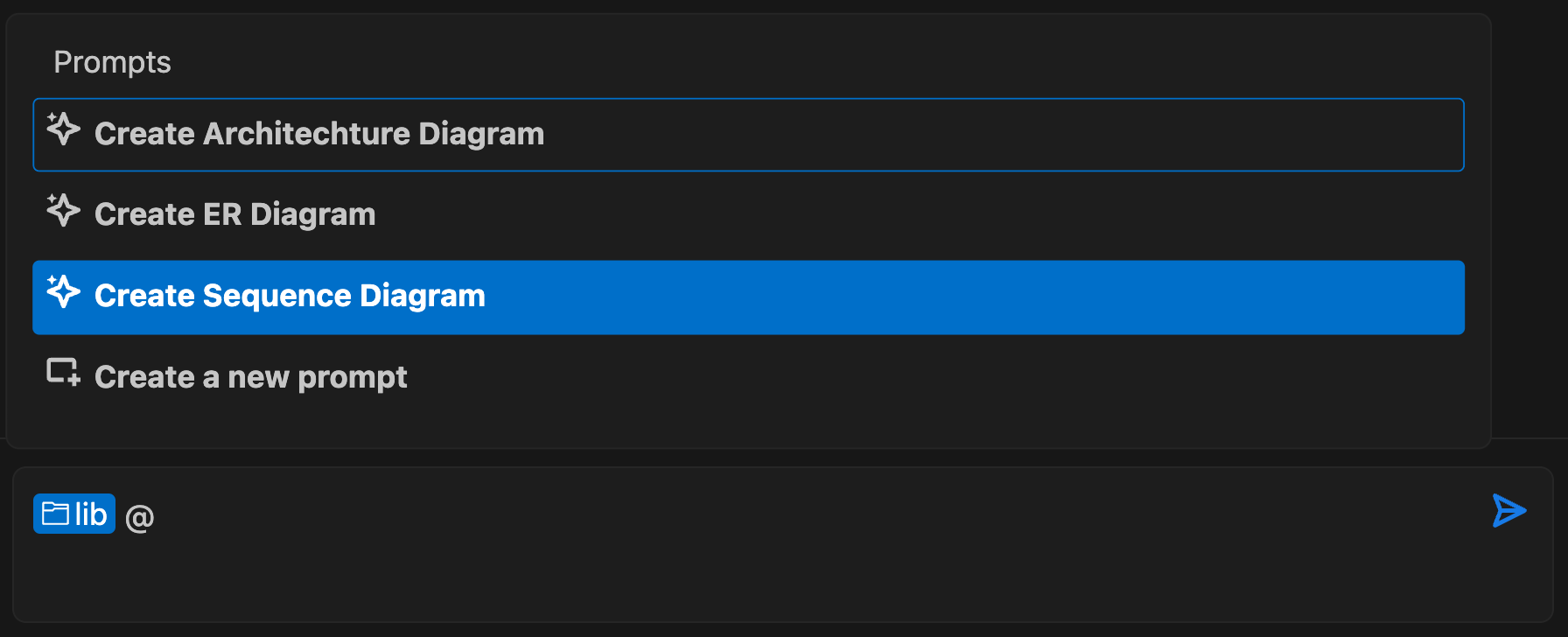 A screenshot of Q with the prompt “lib @” Q is also showing the picker to complete the modifier. The picker lists prompts from the library and “Create Sequence Diagram” is currently selected.