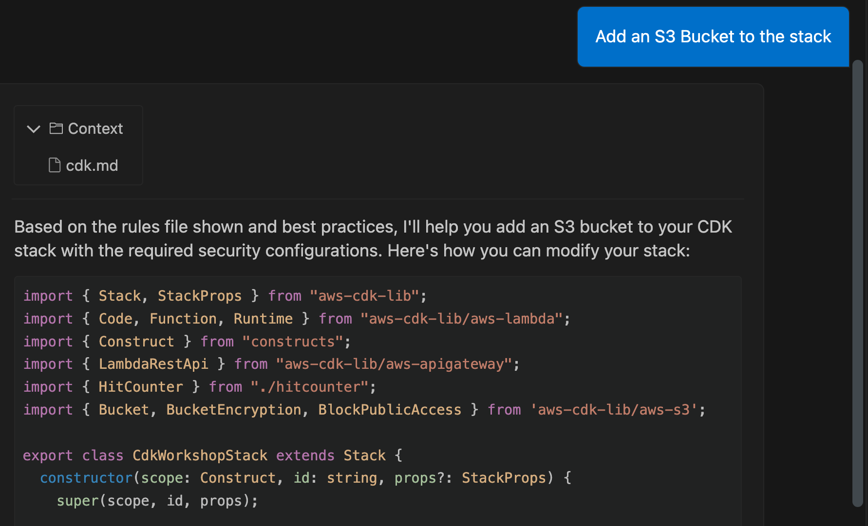 A screenshot of Q with the prompt “Add an S3 Bucket to the stack.” The context is expanded and lists a single file cdk.md. The response includes coed but the code is not important in this context.