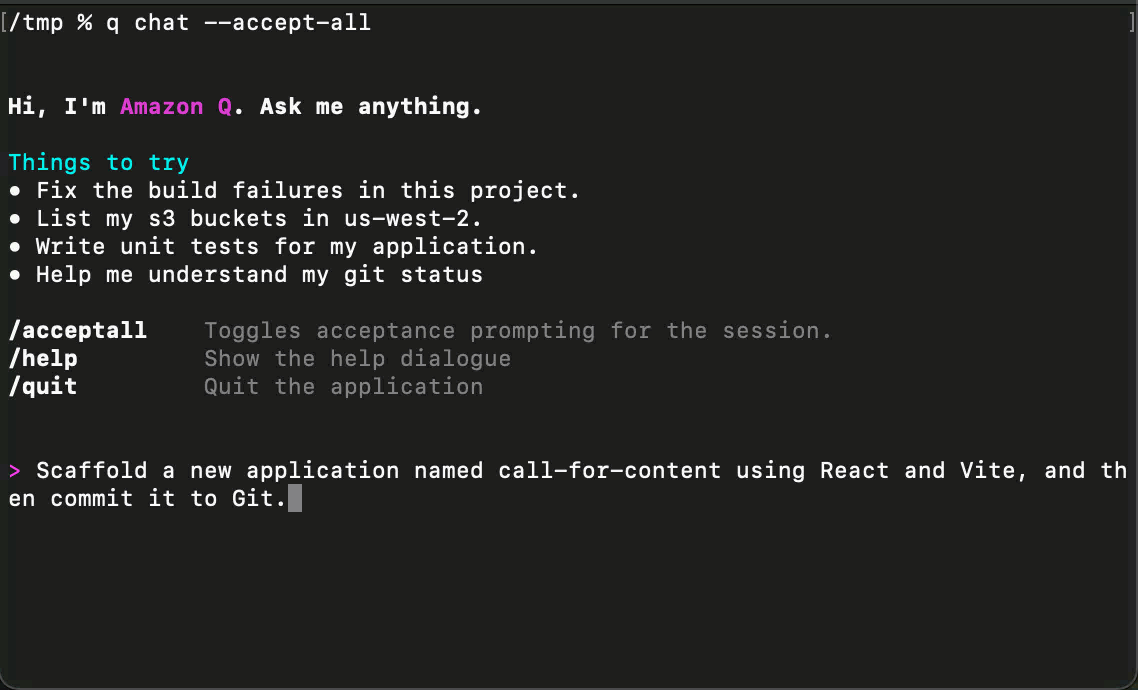 Animated screen recording of a terminal window showing Amazon Q Developer CLI in action. The terminal displays a welcome message 'Hi, I'm Amazon Q. Ask me anything.' The flow of events in the recording is captured in the next image.