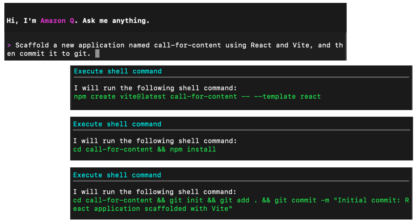 Terminal screenshot showing a sequence of commands executed by Amazon Q Developer to create a new React application. The sequence includes: creating a new Vite React project called 'call-for-content', installing dependencies with npm install, initializing a Git repository, adding files to Git, and making an initial commit. Each command is preceded by 'Execute shell command' and shows the exact command to be run in green text.