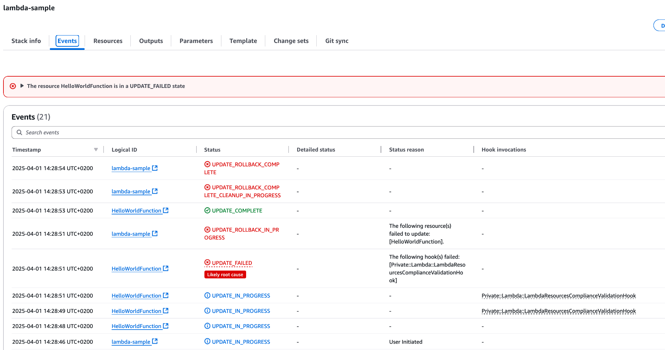 CloudFormation Console showing failed Stack deployment due to Hook intervention