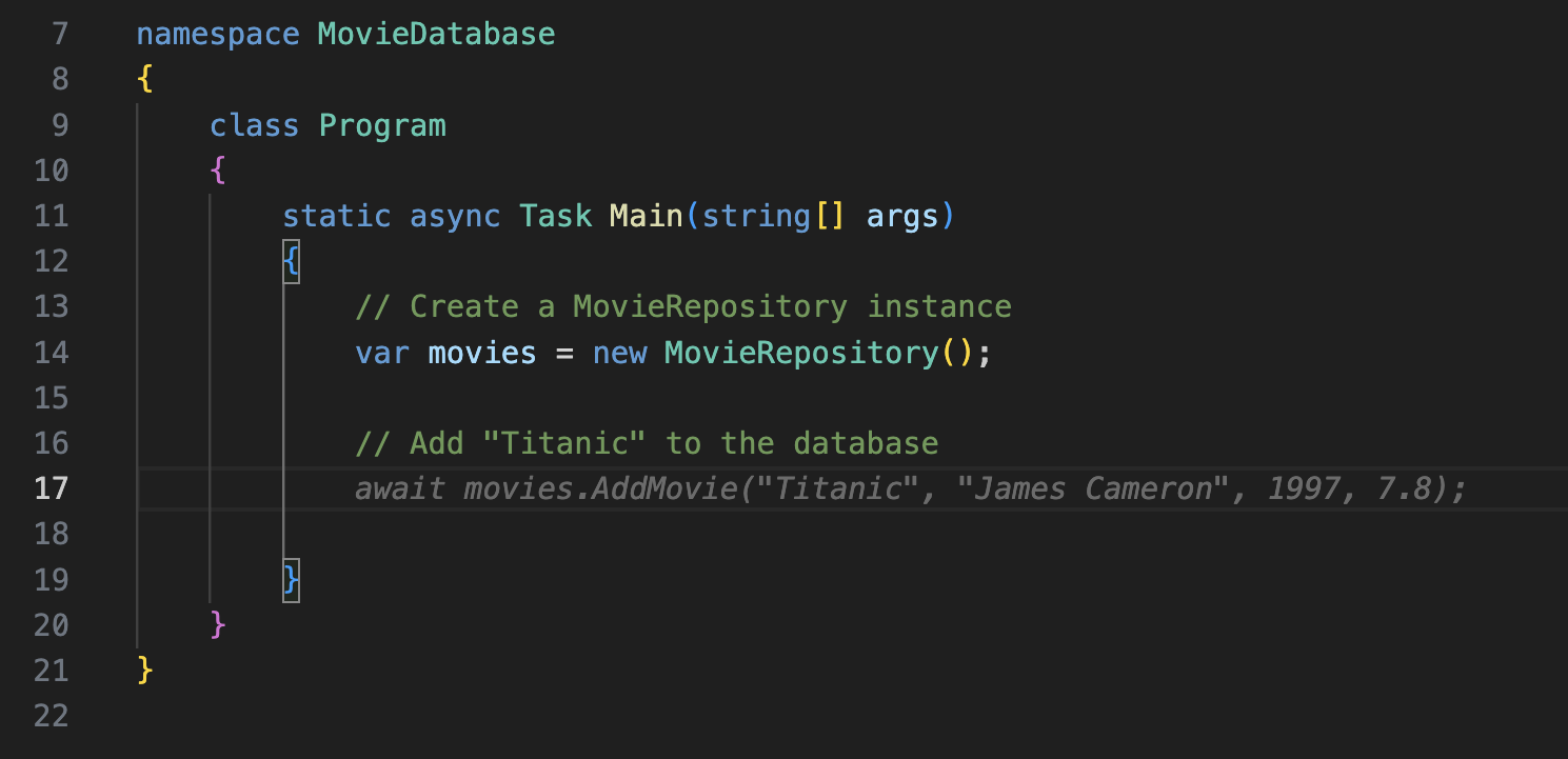 C# code showing a MovieDatabase namespace containing a Program class with a Main method. The code creates a MovieRepository instance and adds the movie "Titanic" to the database with director James Cameron, year 1997, and rating 7.8 using an async method.