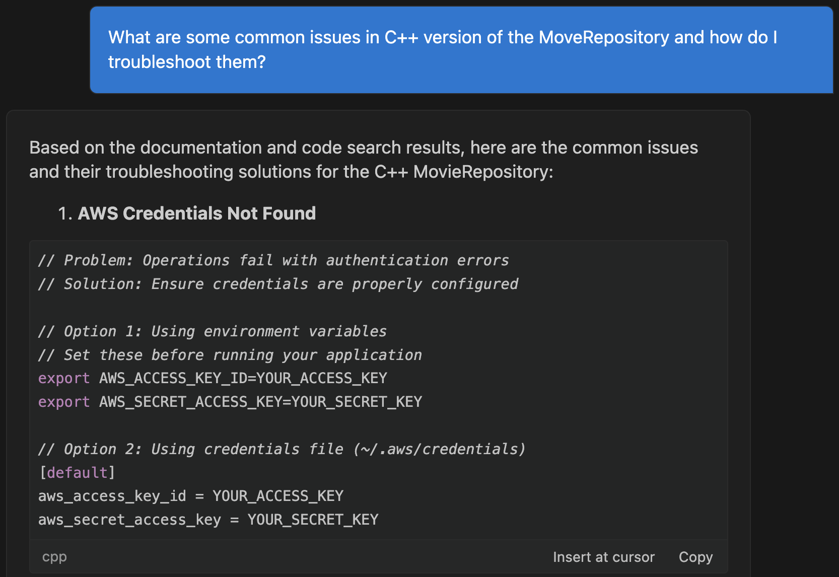Code example showing two methods for configuring AWS credentials in a C++ MovieRepository. The first option uses environment variables with export commands for AWS access keys. The second option shows the format for storing credentials in a ~/.aws/credentials file. This appears to be part of a troubleshooting guide addressing common AWS authentication issues.