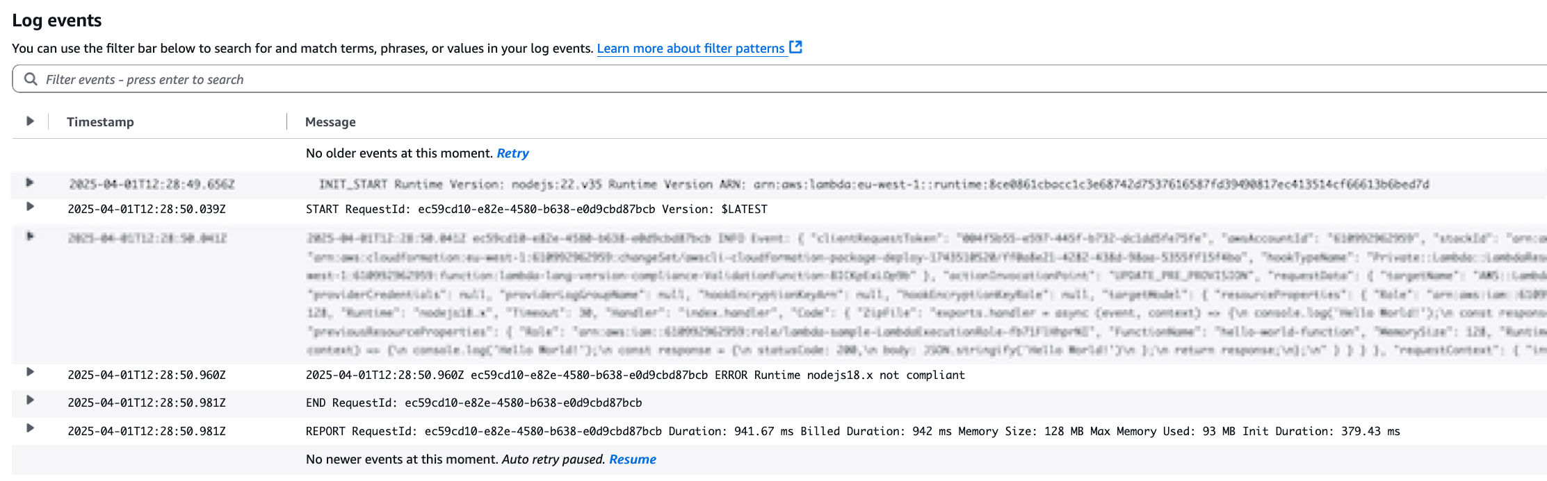 Validation Lambda Function Logs with validation error