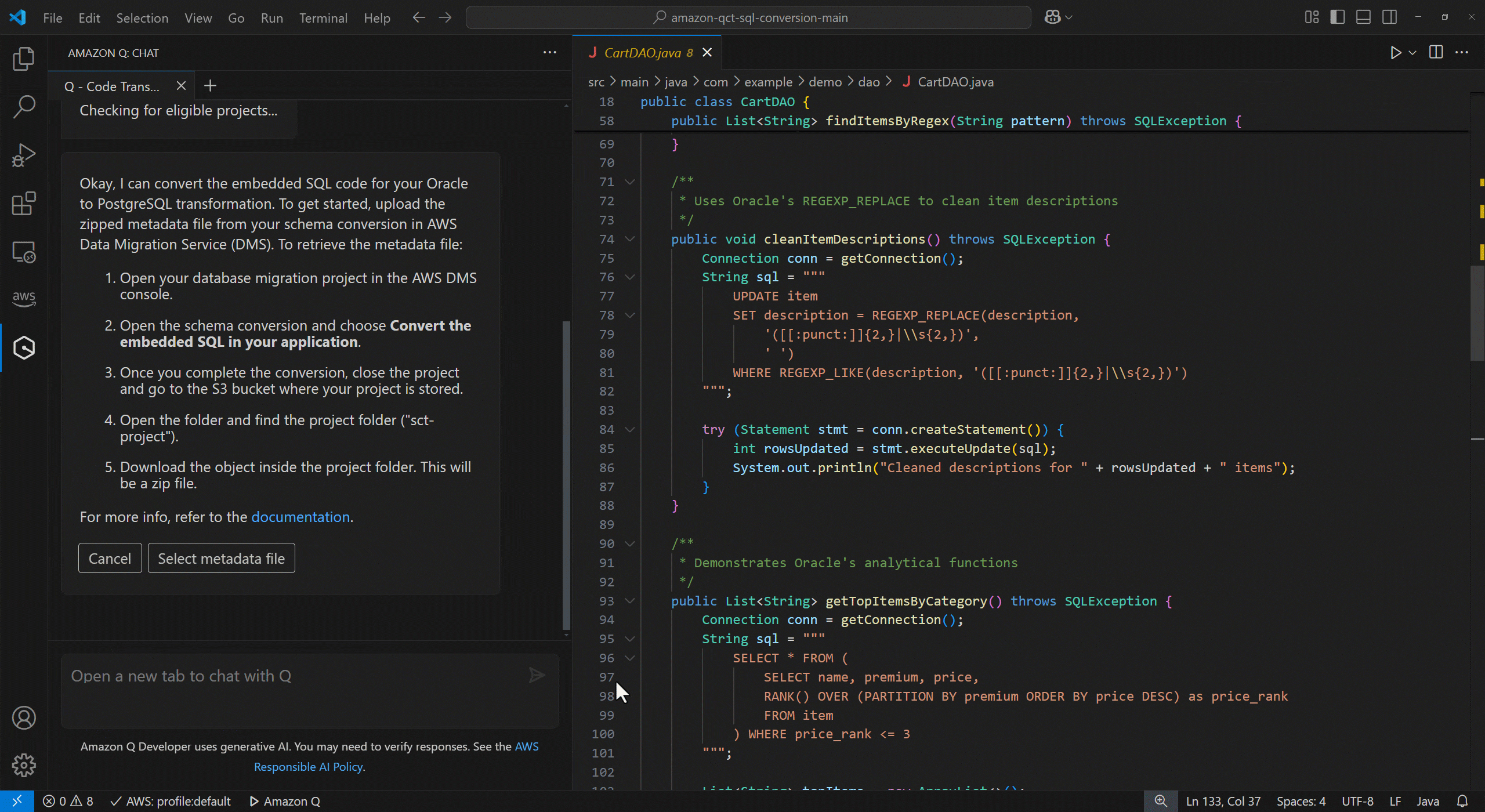 Uploading schema metadata file and verifying the detected database schema details for conversion.