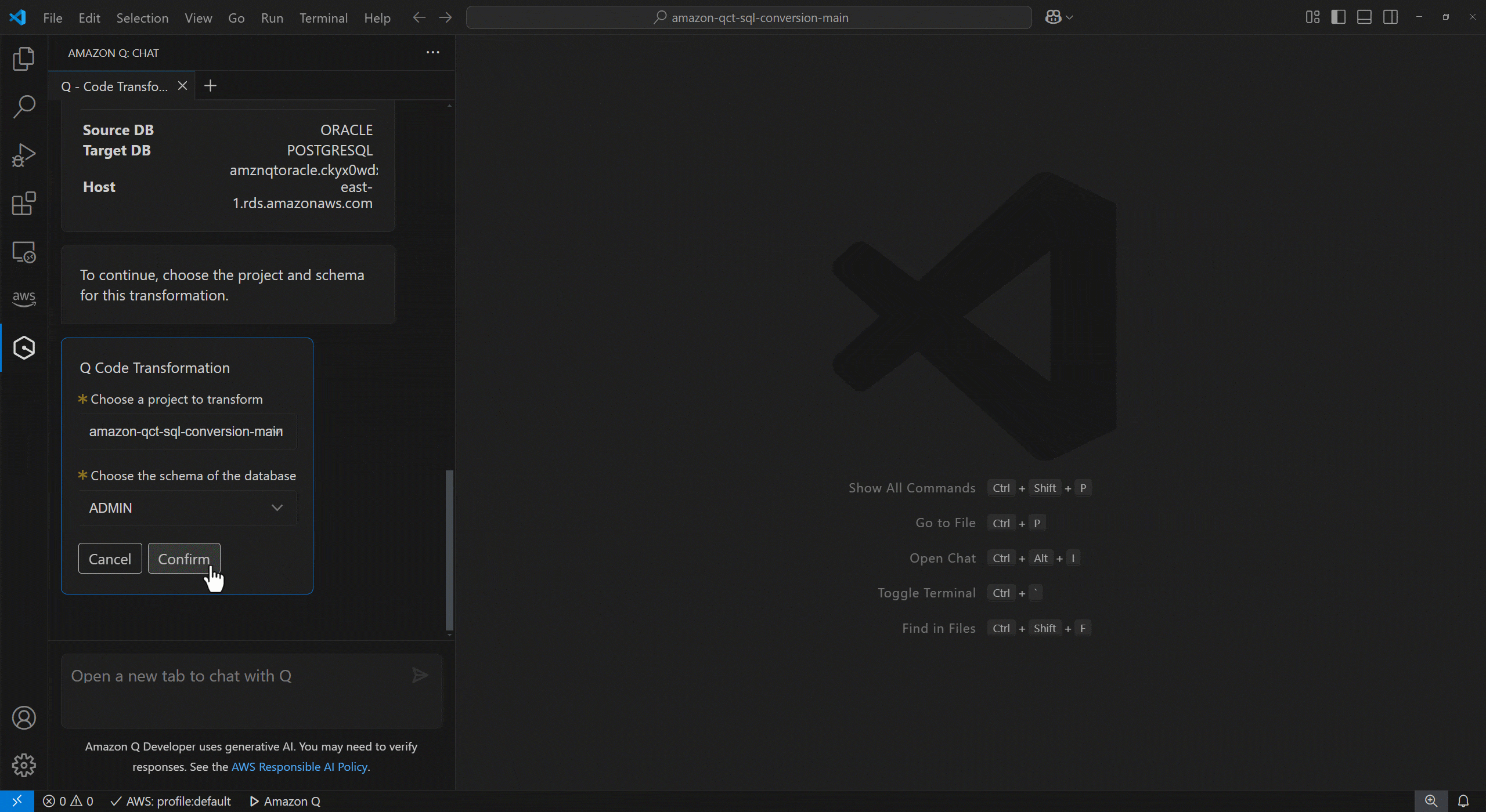 Amazon Q analyzes and transforms Oracle SQL statements into PostgreSQL-compatible syntax.