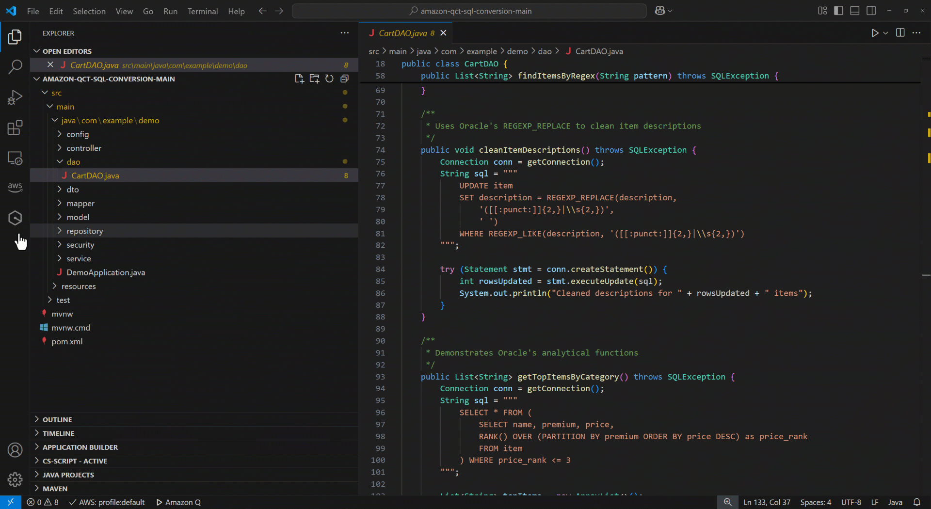 Initiating SQL conversion in the Q chat panel. Open the Amazon Q chat panel. Enter “/transform” in the chat panel. Enter “SQL conversion” when prompted.