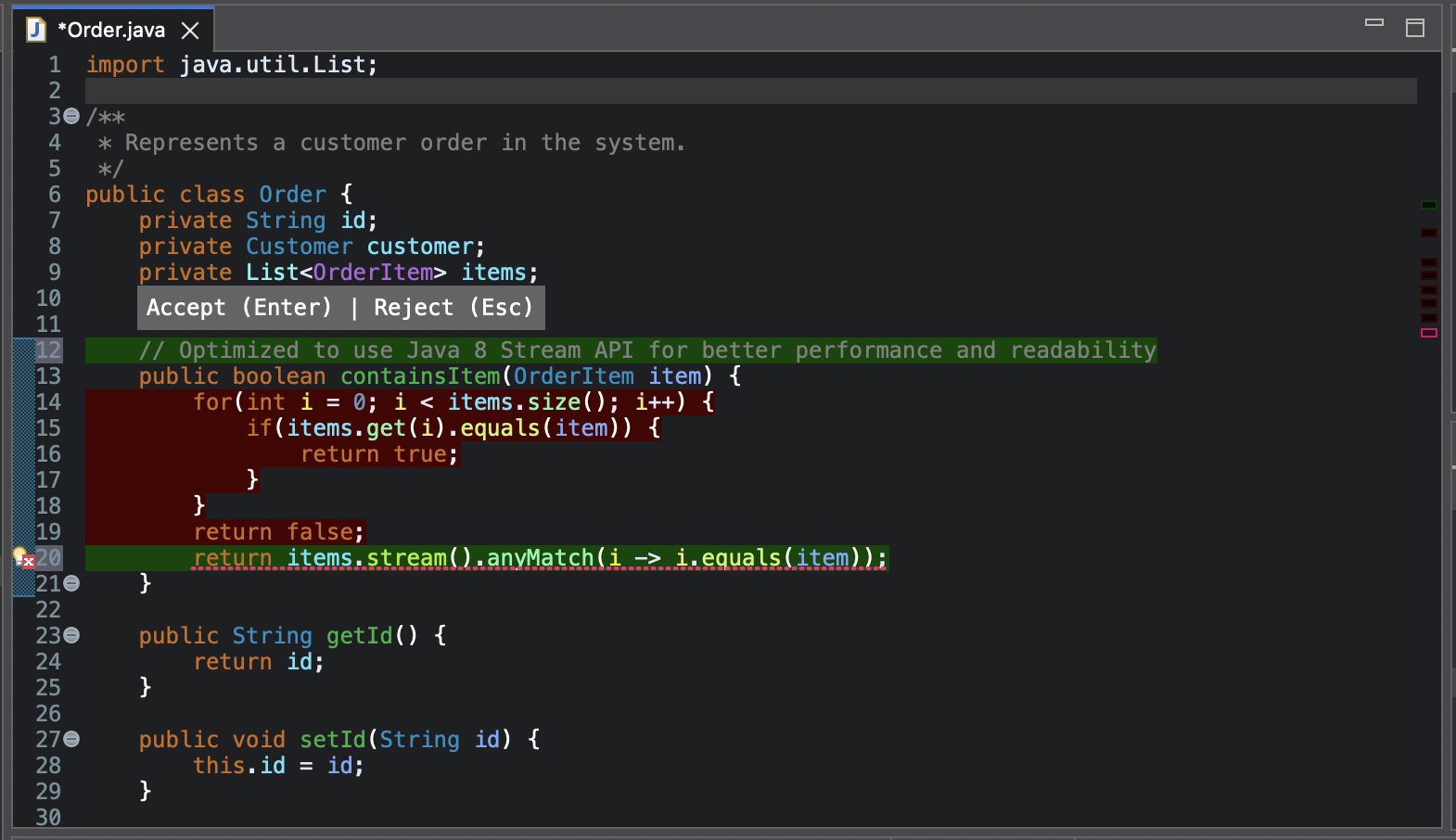 Java code showing Order class with highlighted section suggesting replacement of traditional for loop with Java 8 Stream API. Contains an implementation of containsItem method with both the original loop and a commented stream-based solution.