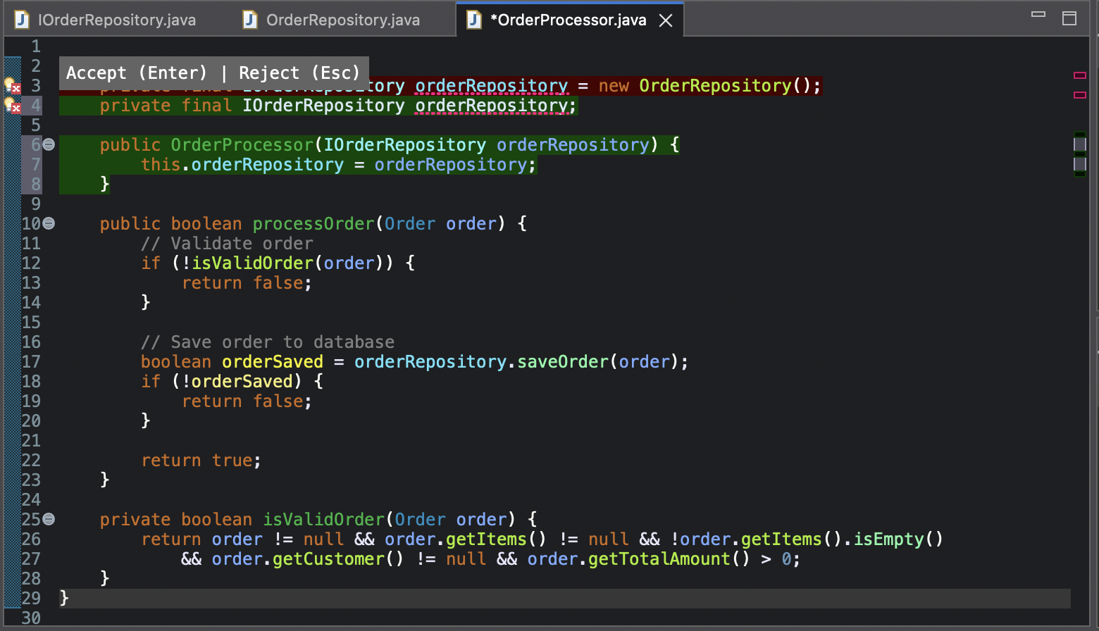 Java code showing OrderProcessor class with dependency injection prompt. Contains processOrder method that validates and saves orders using an IOrderRepository interface. The code includes validation logic and database operations.