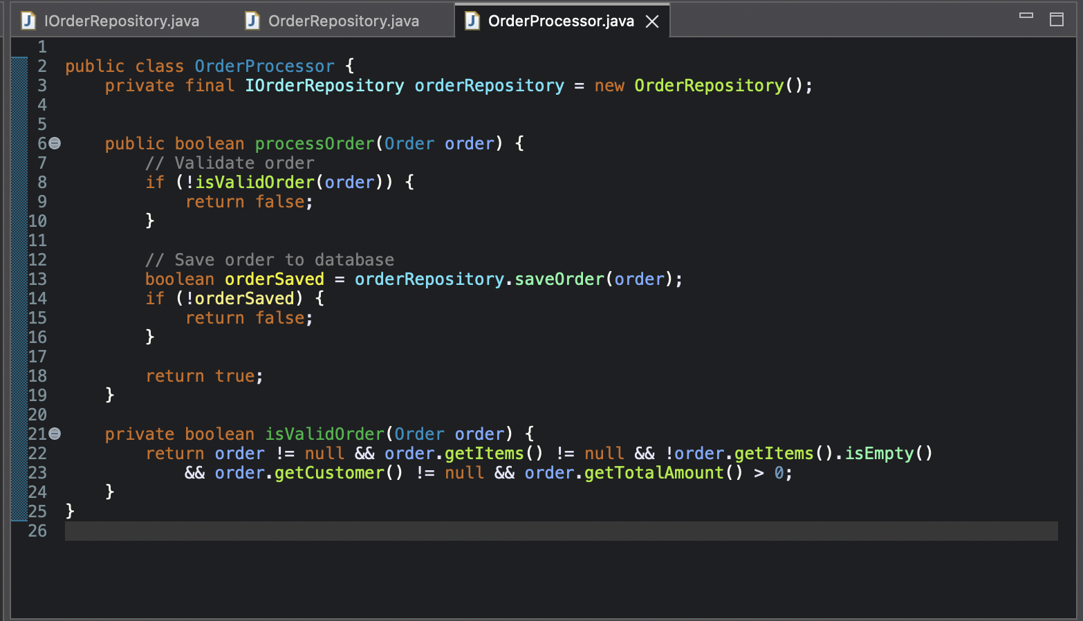 Java code showing complete OrderProcessor class implementation with order processing logic, including order validation and persistence methods using IOrderRepository interface.