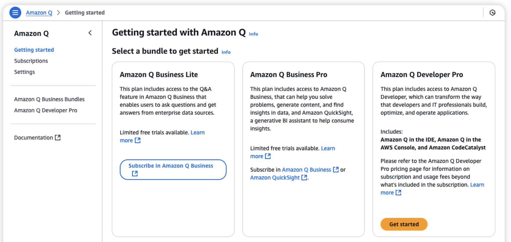 Amazon Q Console - Getting started with Amazon Q