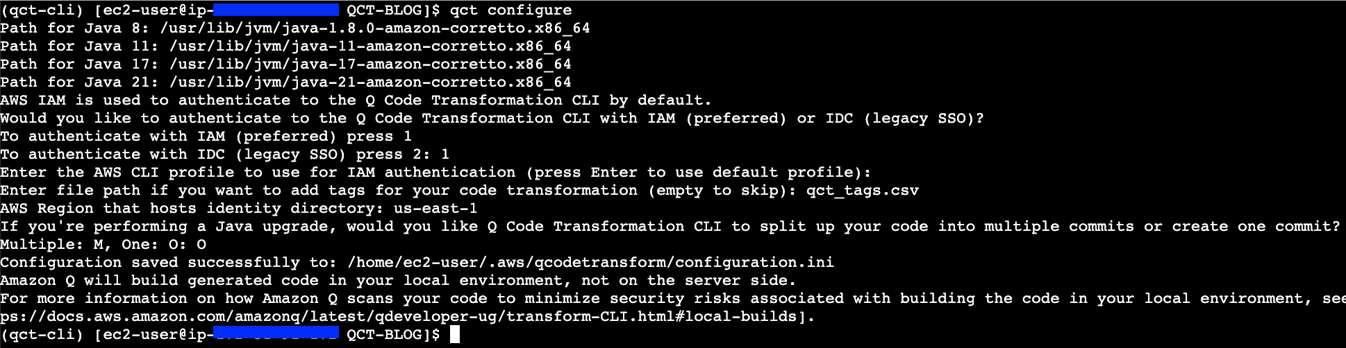 Figure 2: Screenshot showing the Amazon Q Developer CLI authentication prompt using IAM credentials, displaying AWS profile selection options