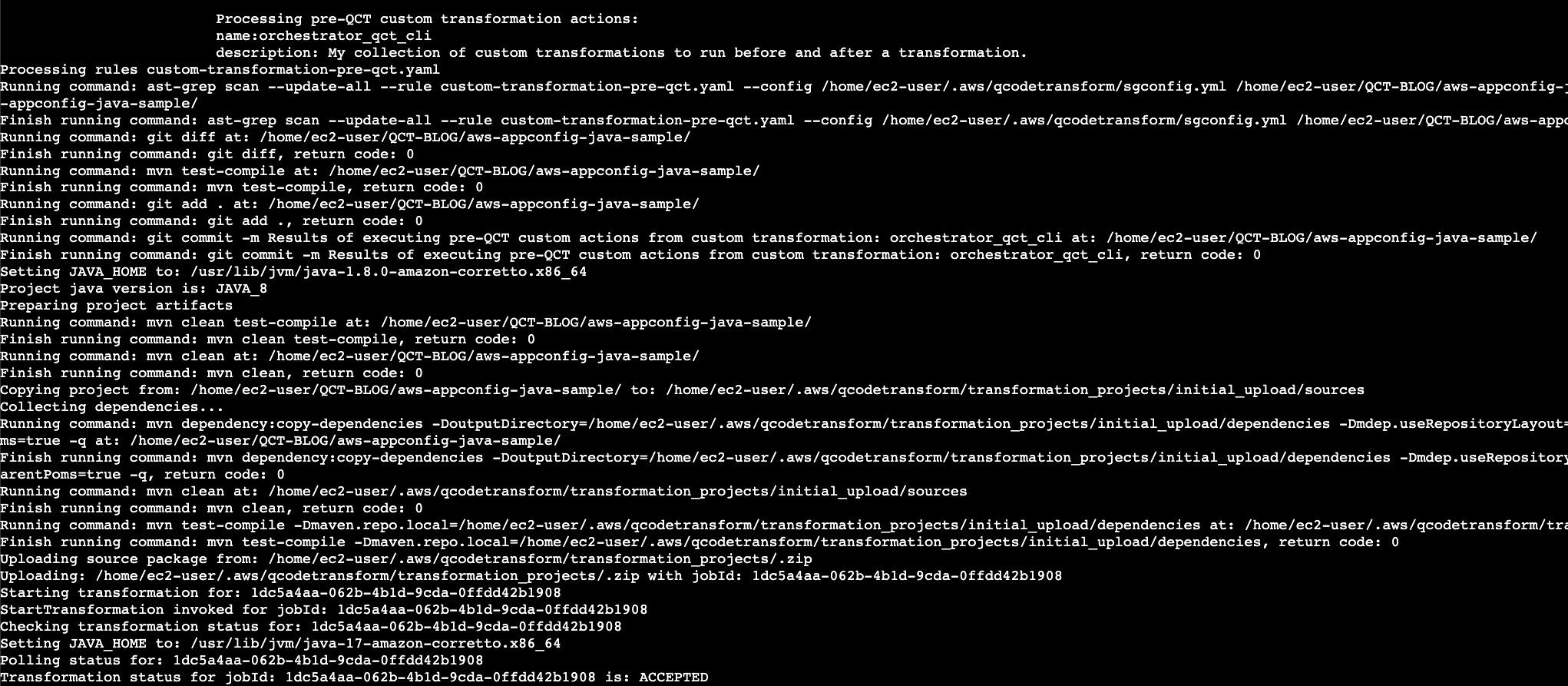 Figure 5: Screenshot of terminal output showing Amazon Q Developer CLI transform command execution, displaying pre-processing steps and transformation job initiation