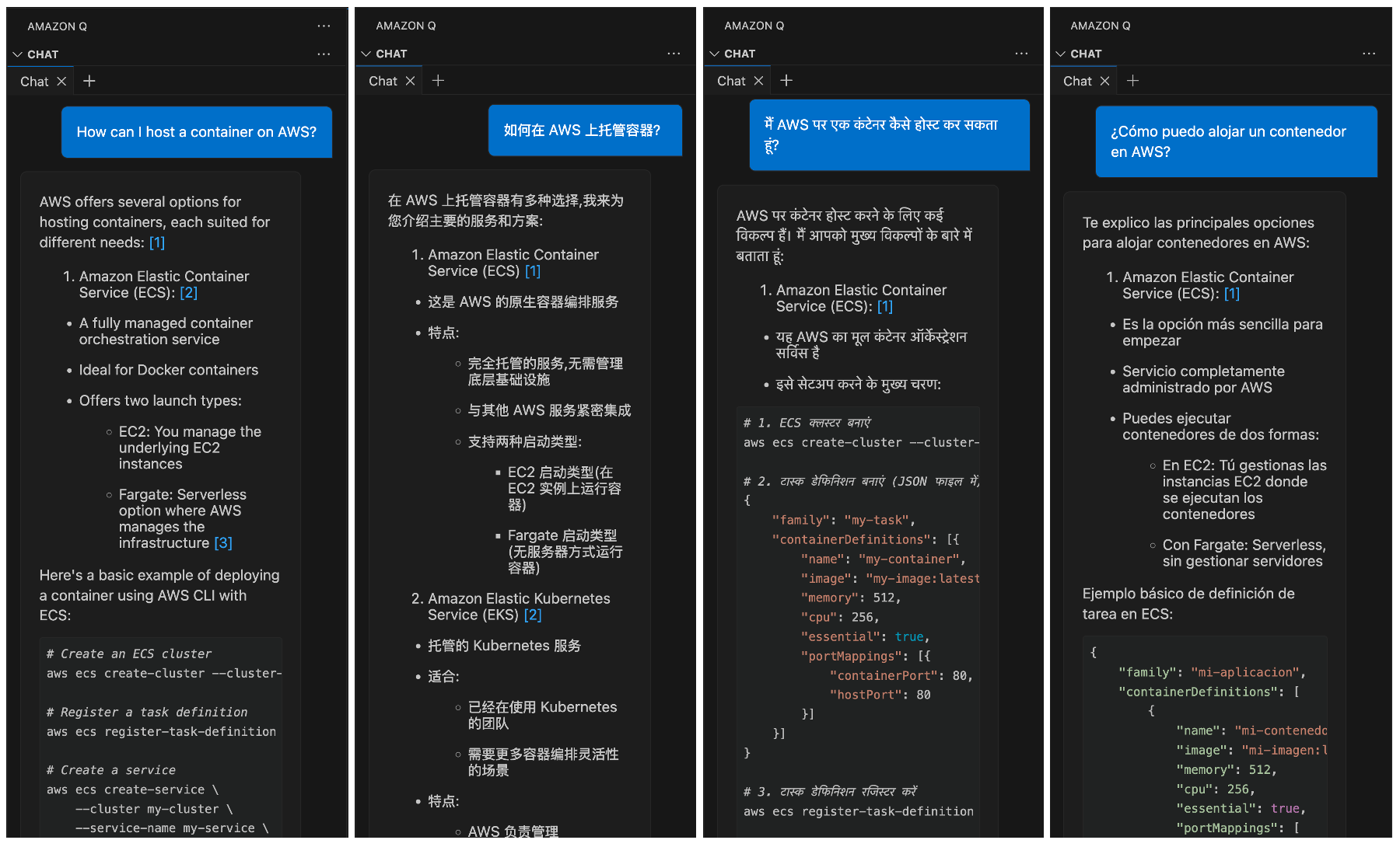 Four screenshots of Amazon Q chat interface showing the same conversation about hosting containers on AWS in different languages - English, Chinese, Hindi, and Spanish. Each screenshot displays Q&A format with detailed explanations about AWS container hosting options, focusing on Amazon Elastic Container Service (ECS) and including code snippets for container deployment.