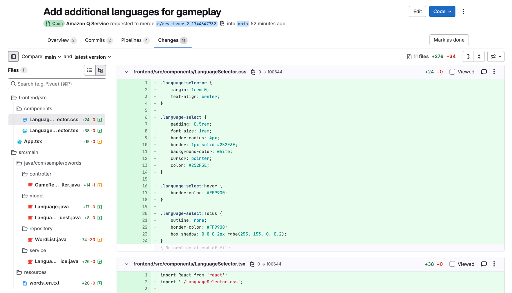 The merge request created by the Q Dev Agent