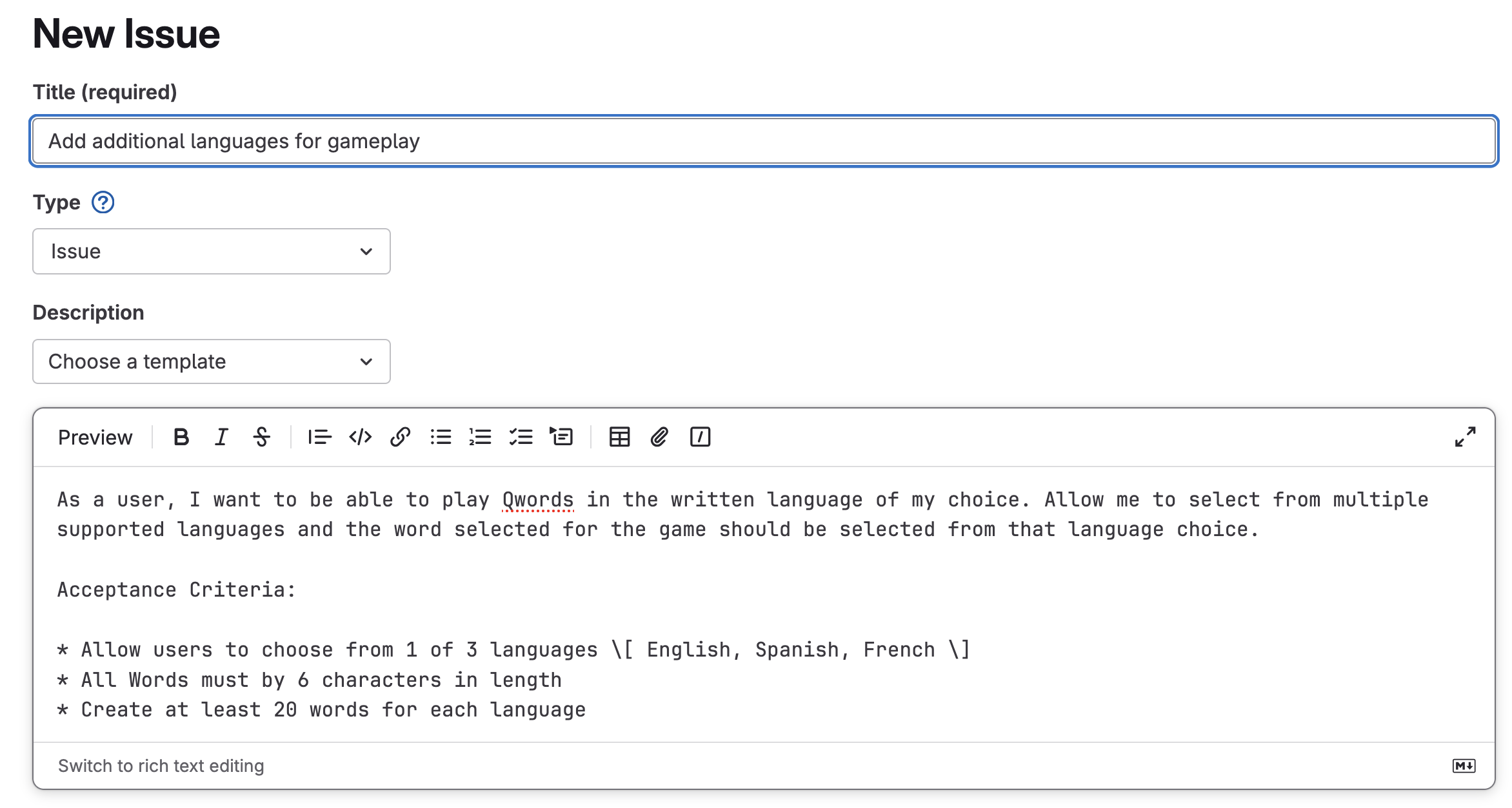 Creating a new issue for the Q Dev agent