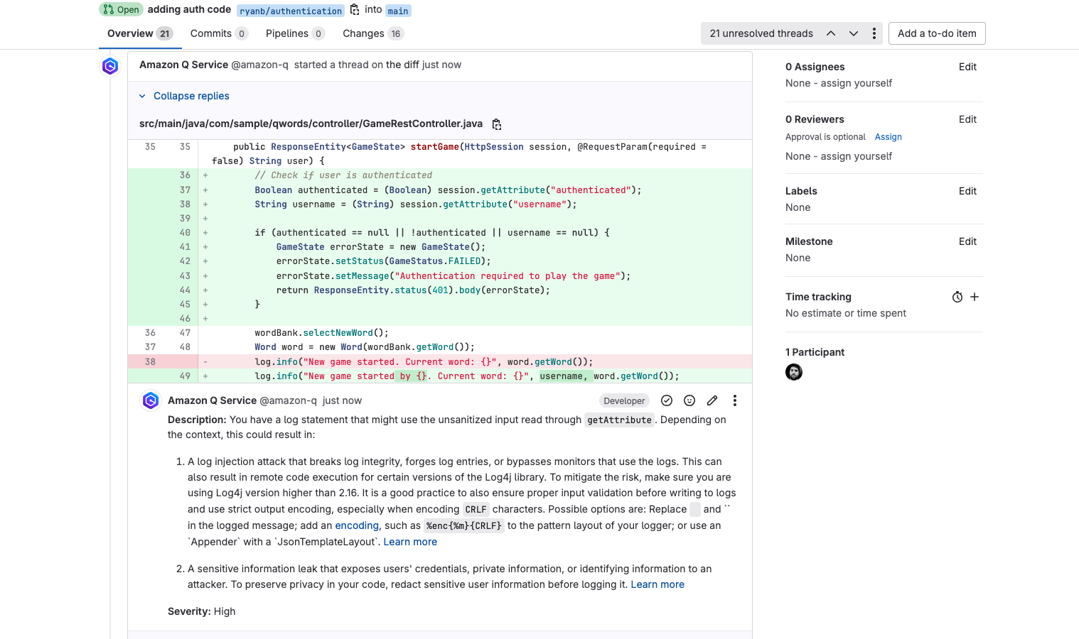 Amazon Q Review adds comments to the merge request