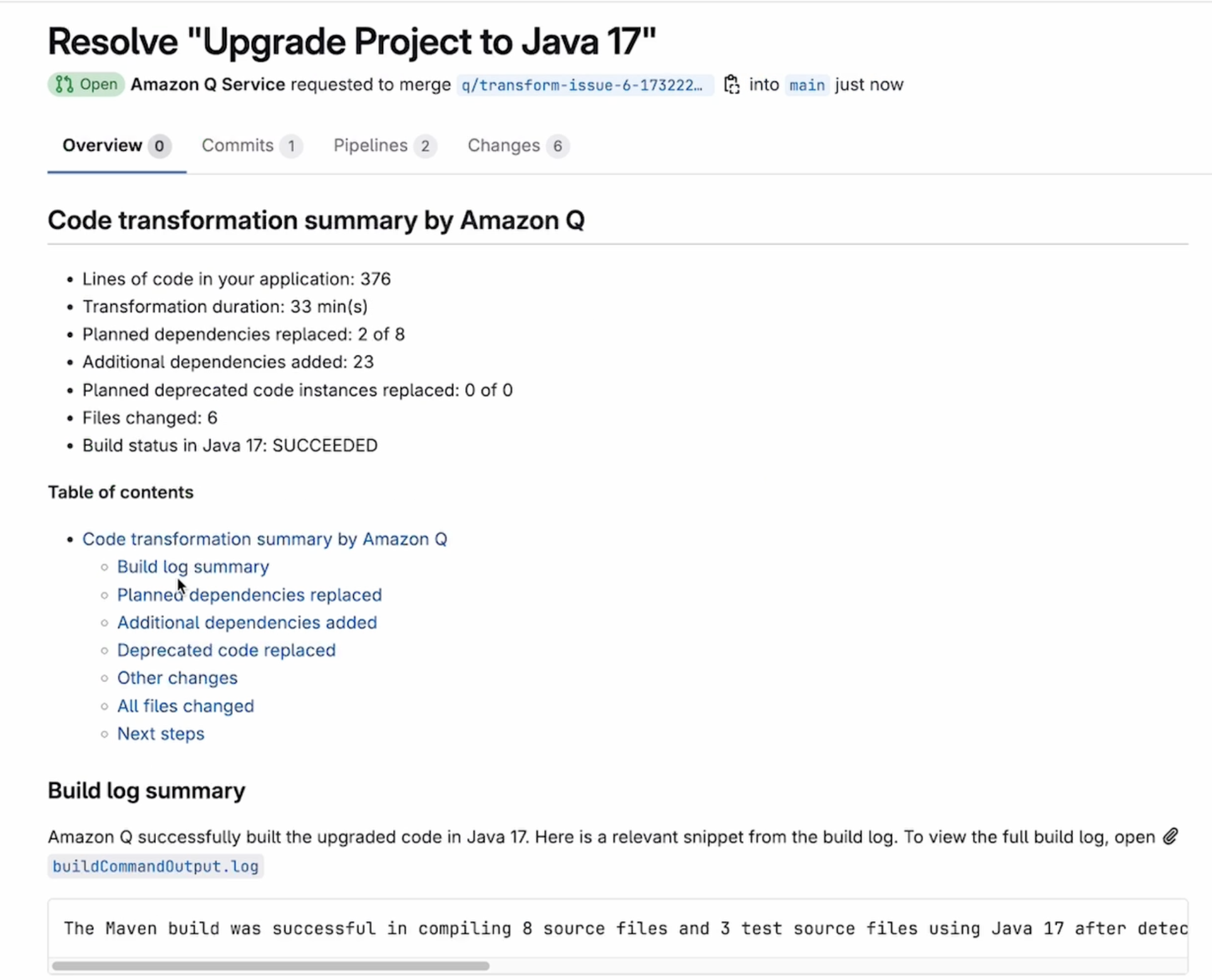 A completed summary from the Q transform agent
