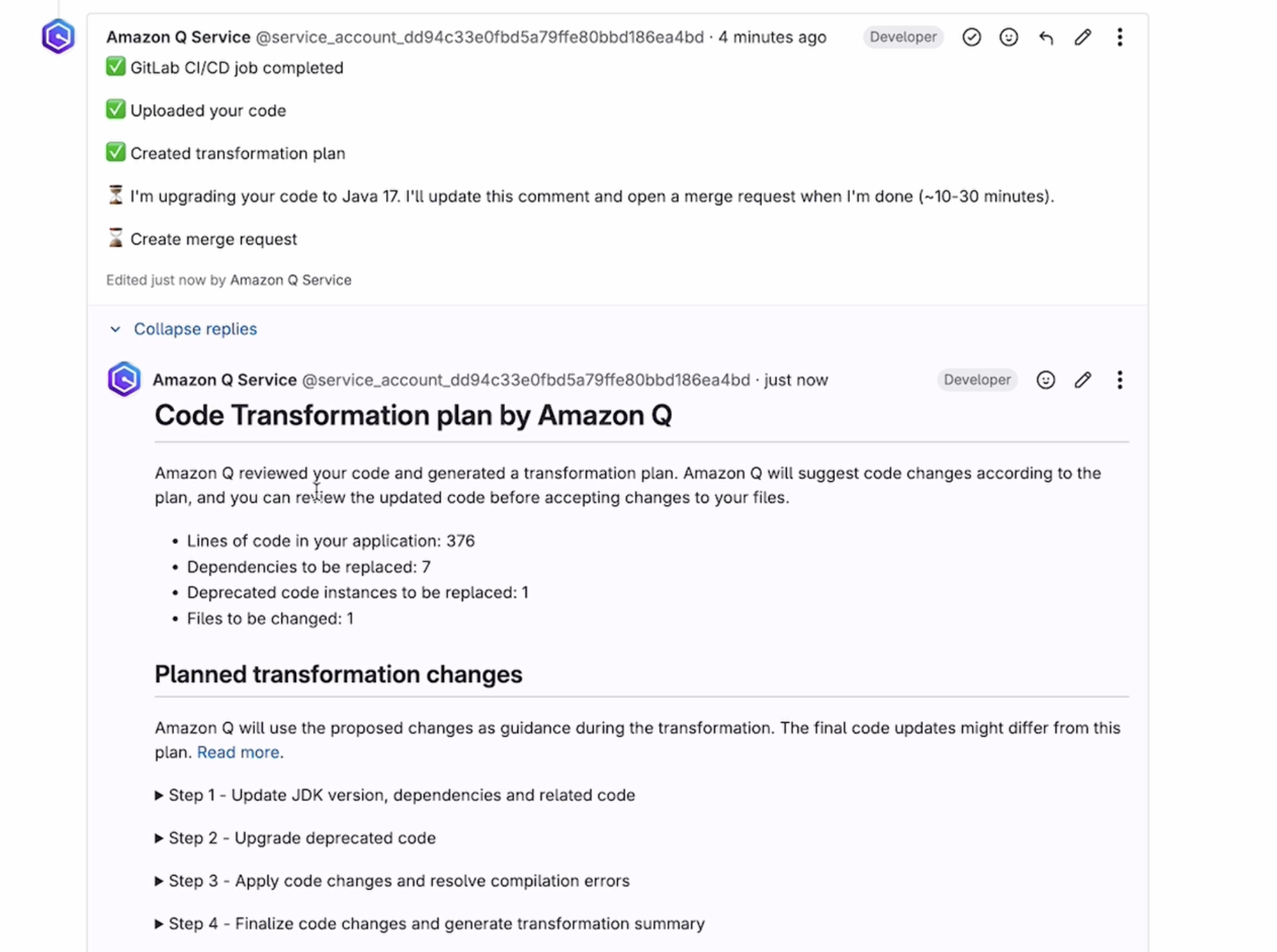 The Amazon Q Agent will provide a transformation plan before it begins