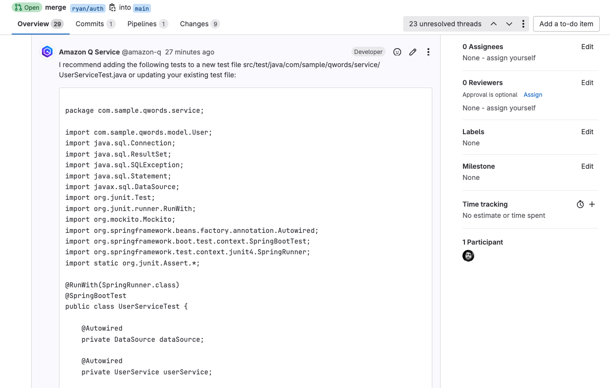 A test recommened by the Q test agent