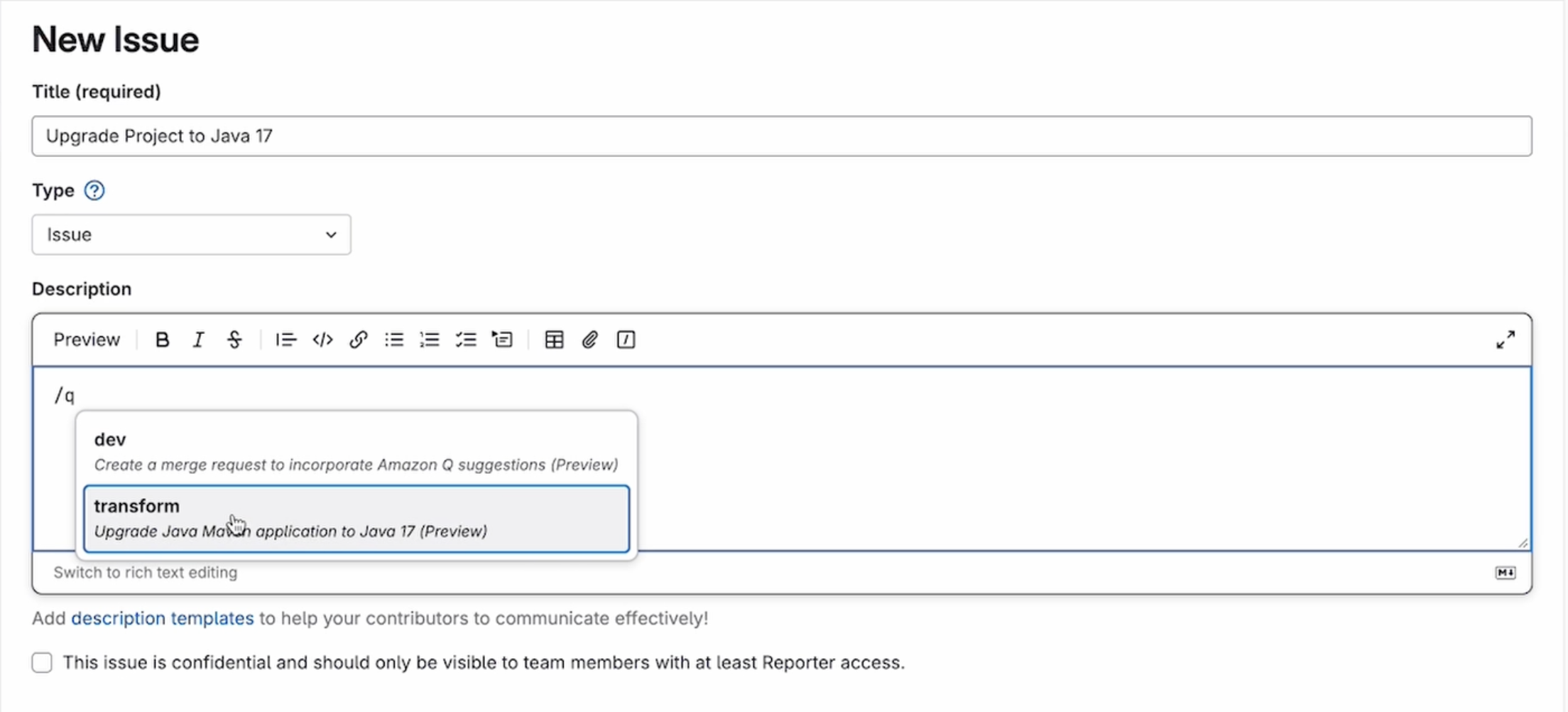 Creating a new issue for the Q Transform agent