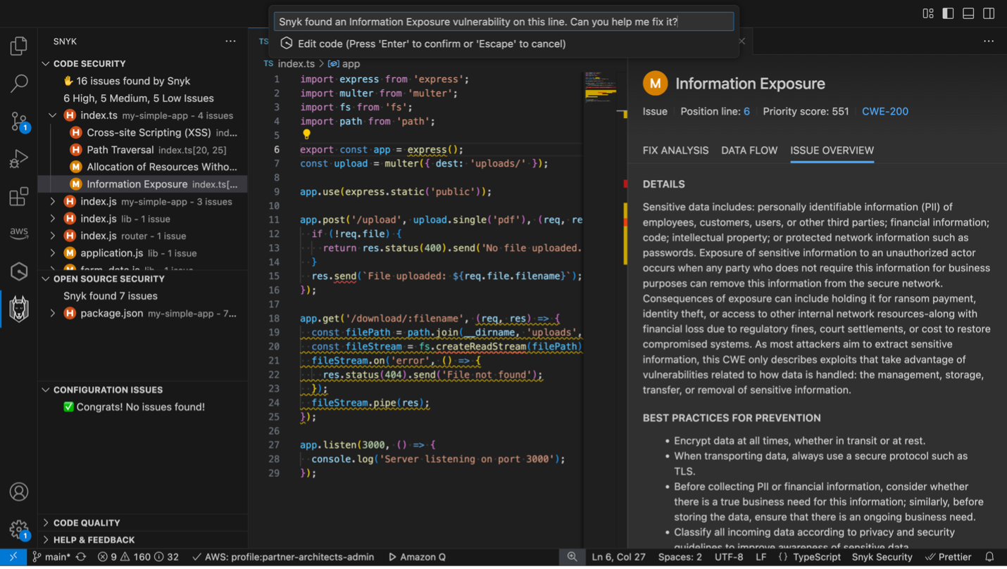 Activating inline Q Developer and making a prompt for the agent to resolve the information exposure vulnerability identified by Snyk.