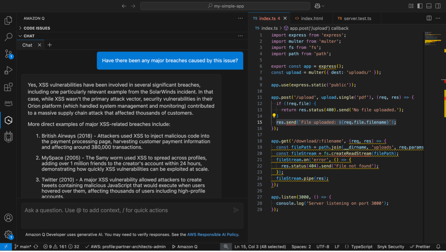 A natural language query in the chat interface if there has been any major breaches caused by the issue of cross-site scripting. Q responds with popular and impactful incidents.