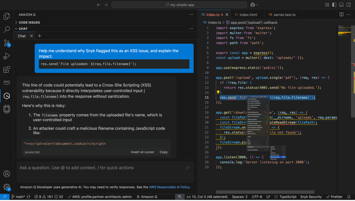 Chat interface that takes a prompt from user to explain why Snyk flagged an cross-site scripting vulnerability and its impact.