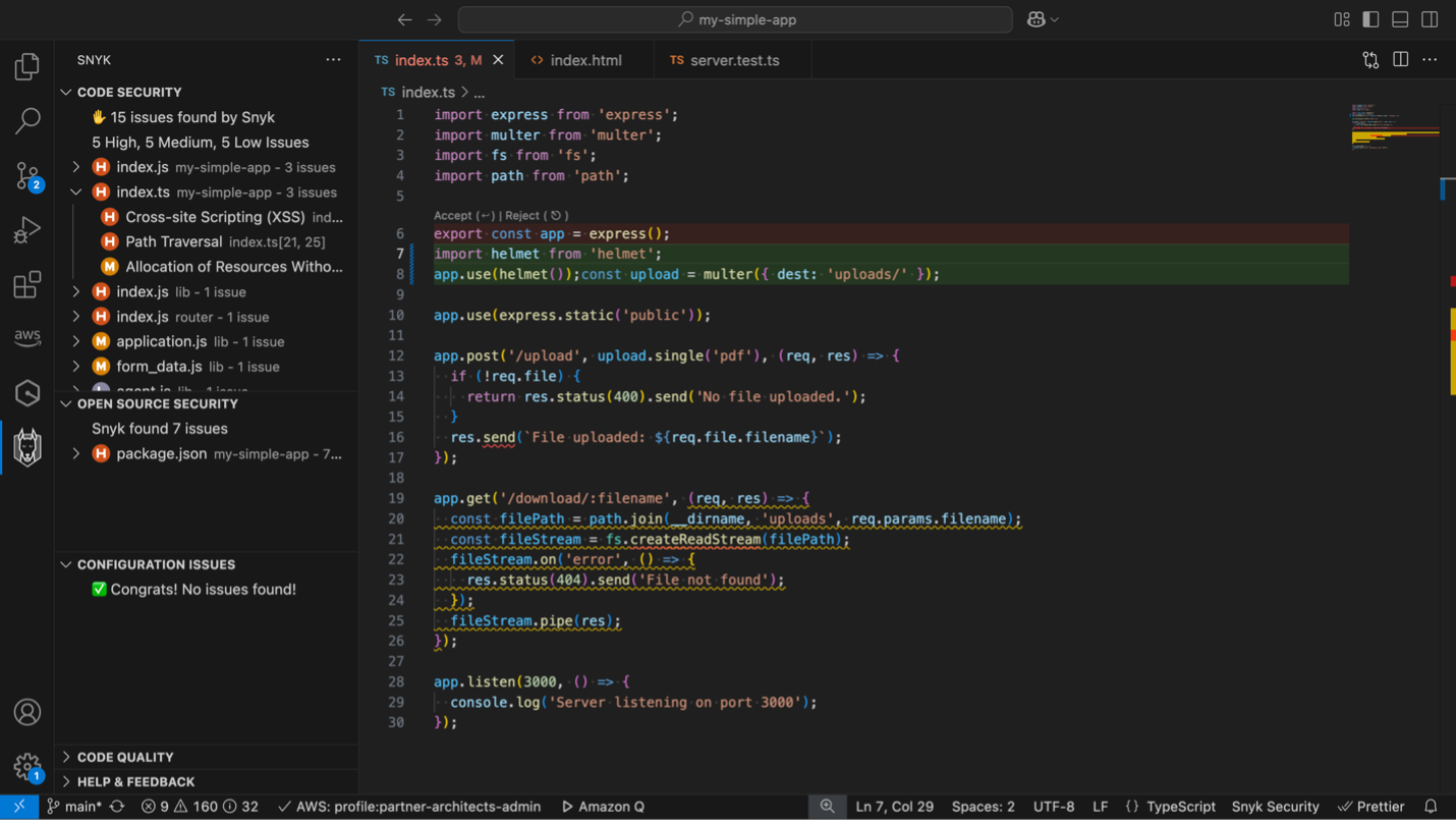 Q Developer makes an inline code suggestion to resolve the information exposure vulnerability.