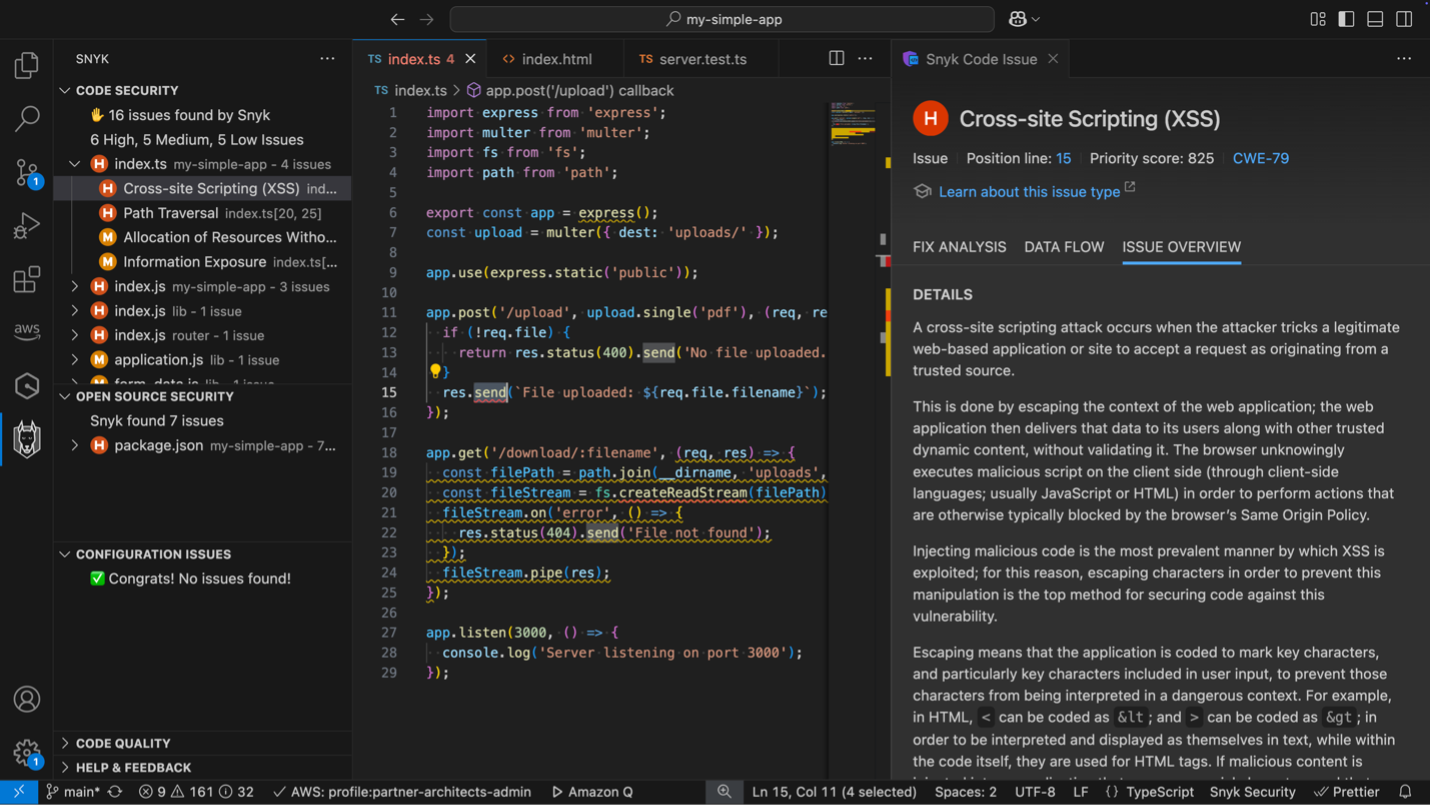 Snyk identified cross-site scripting vulnerability and explains the line of code, details, and prevention tips of the vulnerability.