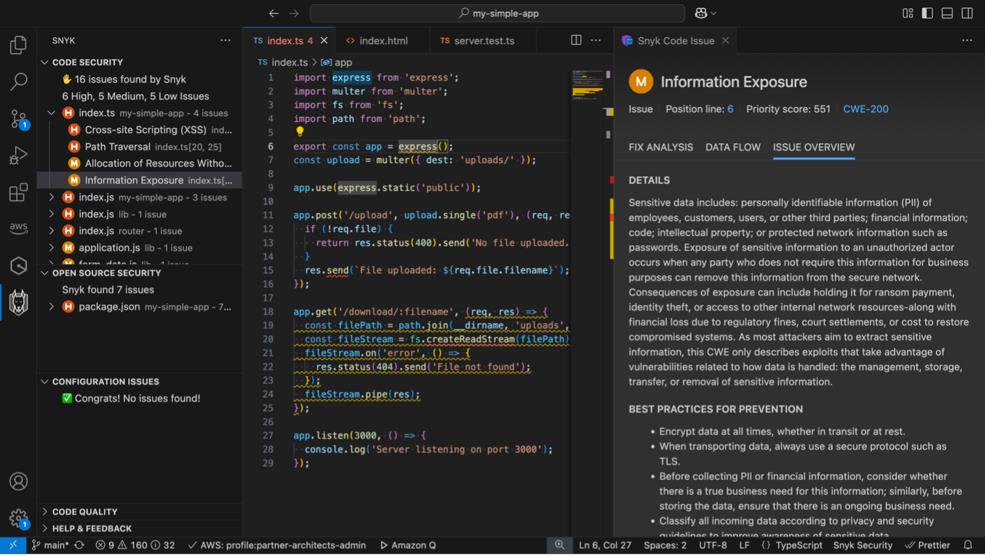 Snyk's IDE plugin shares a list of vulnerabilities and an overview, such as the line of code with the vulnerability and detail, of the vulnerability when it is selected. 