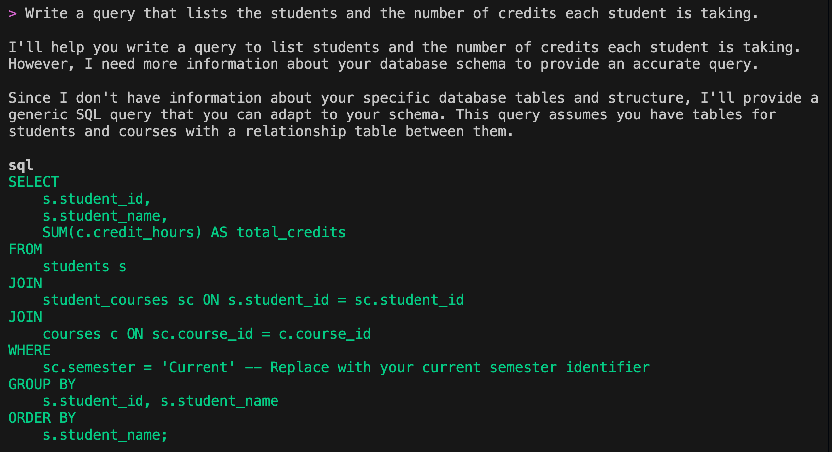Screenshot of Amazon Q Developer CLI showing a response to a query request. The response includes explanatory text acknowledging the lack of schema information, followed by a generic SQL query written in green text. The query joins students, student_courses, and courses tables to calculate total credit hours per student, demonstrating Q's limited ability without MCP configuration.