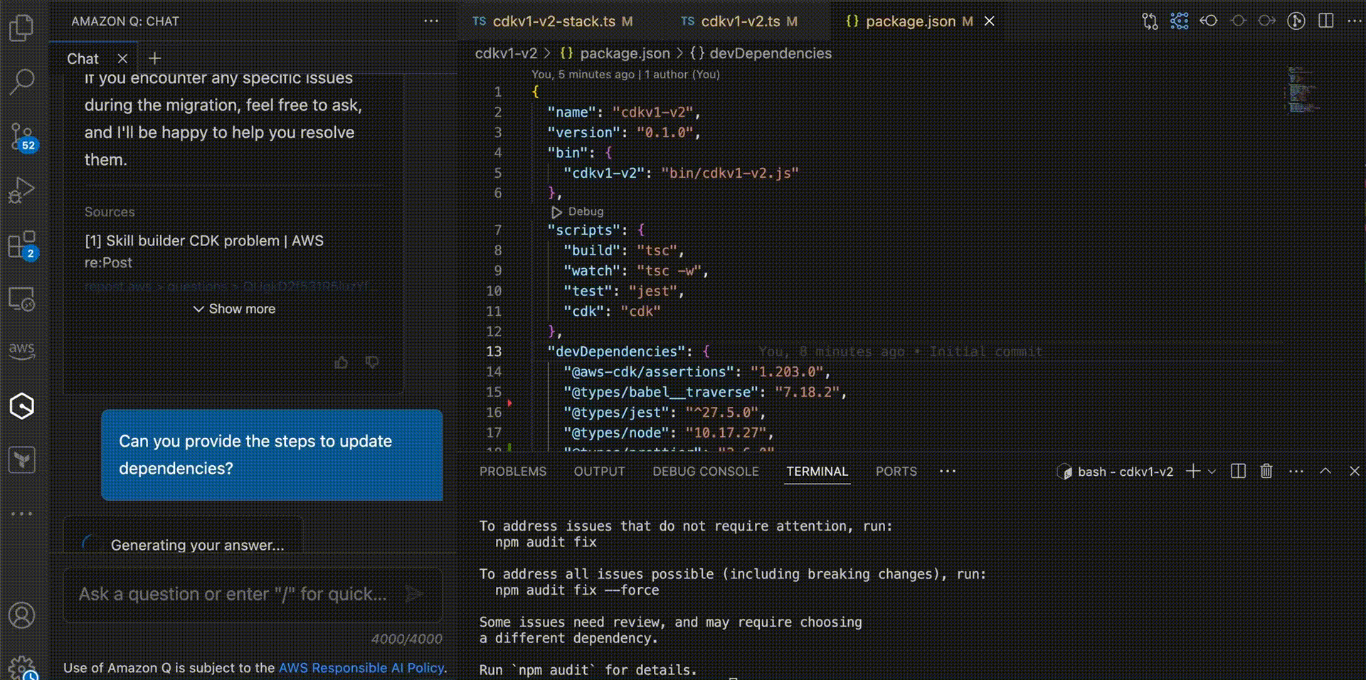 Amazon Q Developer offering detailed, AI-powered guidance to upgrade project dependencies by analyzing the existing codebase, identifying outdated or deprecated libraries and frameworks, and recommending precise updates to ensure compatibility with newer language versions.