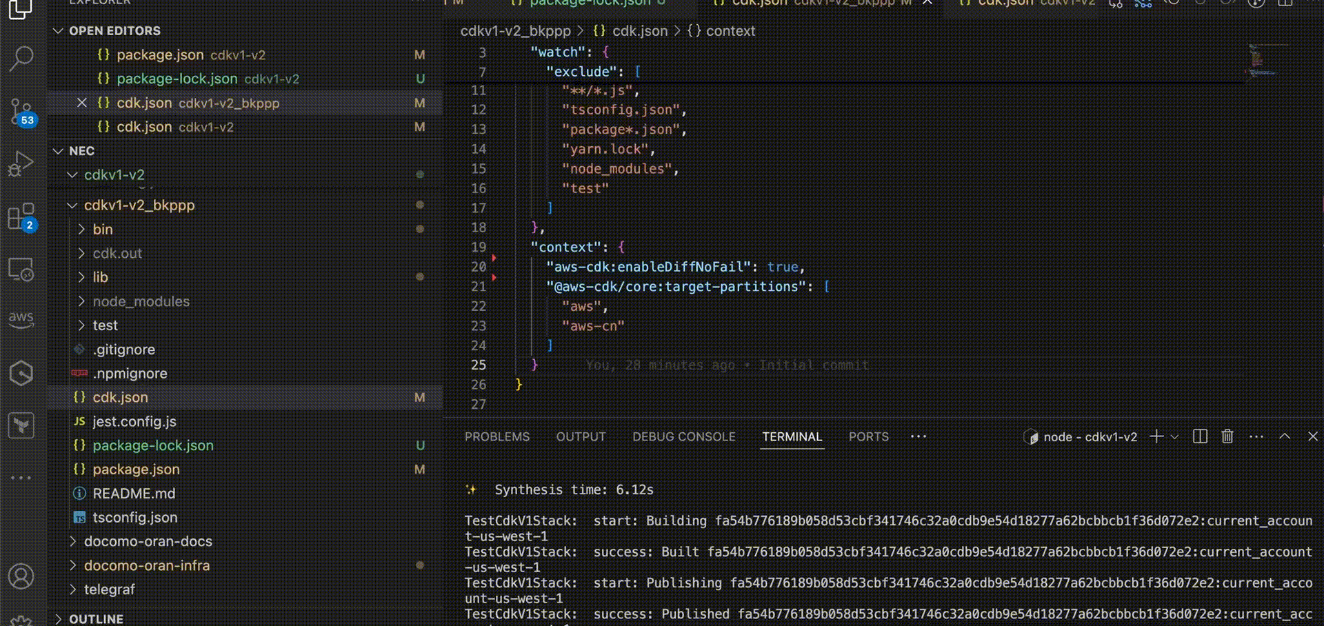 Deployment of the updated AWS CDK version 2 application, involving synthesizing CDK stacks to generate CloudFormation templates and deployment artifacts, bootstrapping the AWS environment to provision necessary resources.