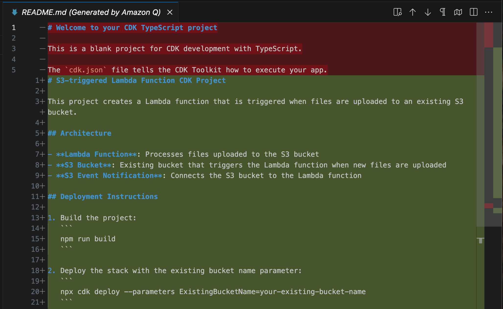 A screenshot of a README.md file in a code editor with a dark theme. The file shows both removed content (in red) and new content (in green). The removed content is the default CDK TypeScript project introduction, while the new content describes an S3-triggered Lambda function CDK project. The new documentation includes an architecture section detailing the Lambda function, S3 bucket, and event notification components, followed by deployment instructions that include steps for building the project with 'npm run build' and deploying the stack with CDK using parameters for an existing bucket name.