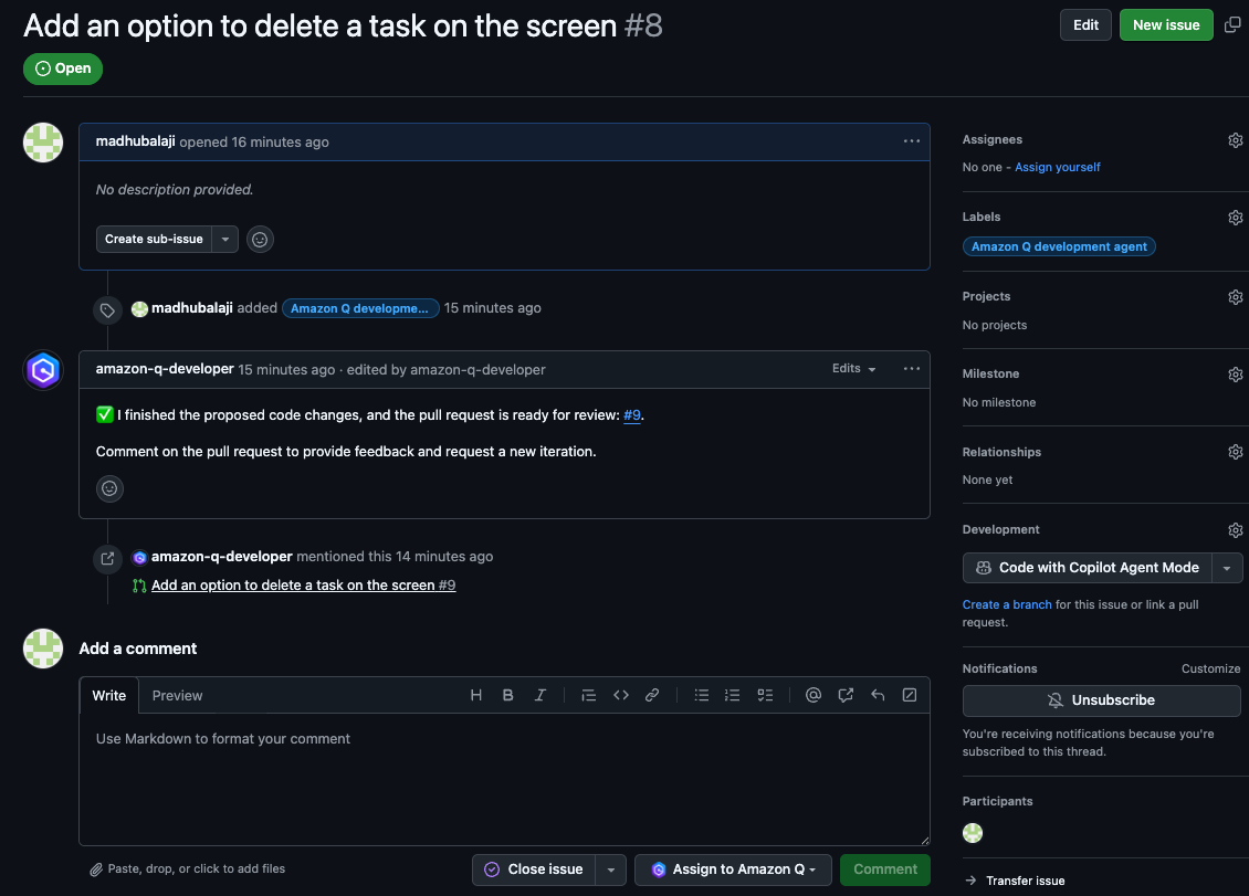 Issue created with Amazon Q development agent label