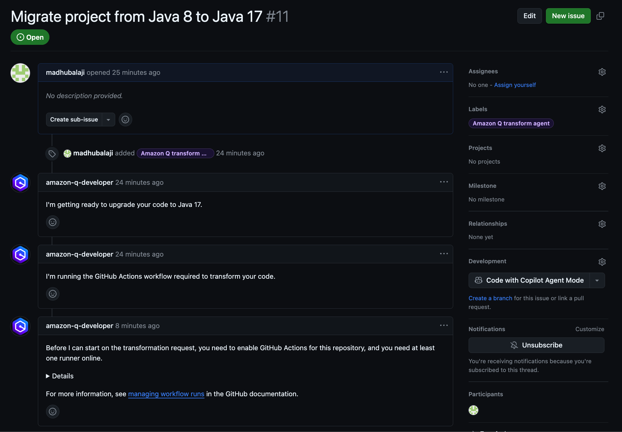 Issue created with Amazon Q transform agent label