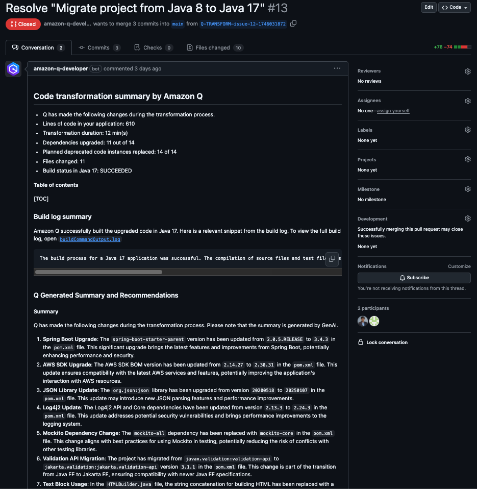 PR created with code transformation summary