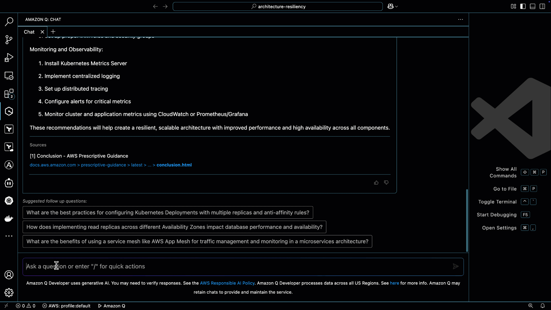 Amazon Q tailoring recommendations based on business requirements using  AWS Well-Architected Framework