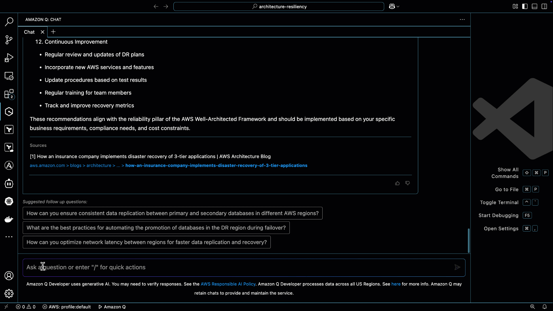 Amazon Q recommending disaster recovery strategy