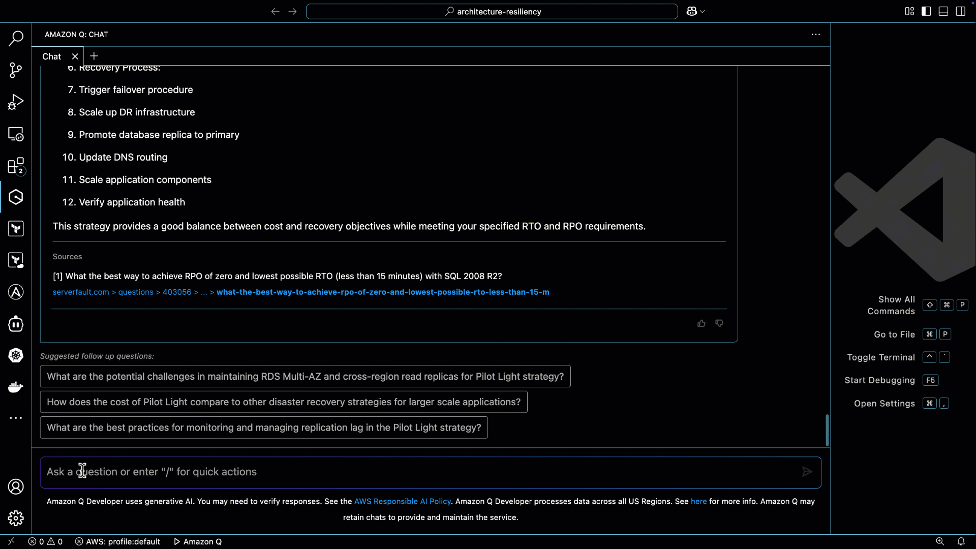 Amazon Q offering resiliency testing best practices and tools