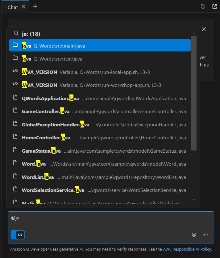 Screenshot of an Amazon Q interface showing a file search/navigation panel with "ja:" search query displaying Java-related files. The list includes various Java source files and configuration files from a Q-Words project, including controllers, models, and utility classes. At the bottom is a search input box with "@ja" and a note about Amazon Q Developer using generative AI.