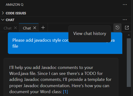 Screenshot of an Amazon Q interface showing a chat window. The user has requested to add Javadocs style comments to a Java file. The AI assistant is responding with an offer to help add Javadoc comments, mentioning a TODO for adding these comments and offering to provide a template.