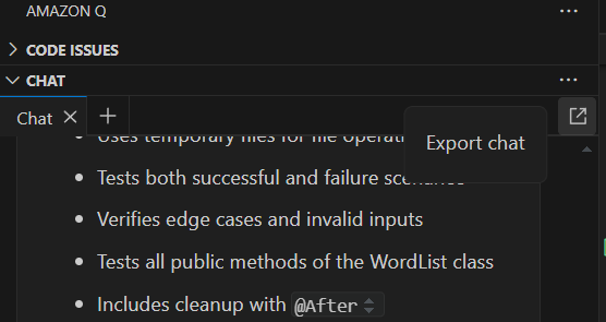 Screenshot of an Amazon Q chat interface showing a bulleted list of test requirements or specifications. The list includes items about using temporary files, testing success/failure scenarios, verifying edge cases and invalid inputs, testing public methods of a WordList class, and including cleanup annotation.