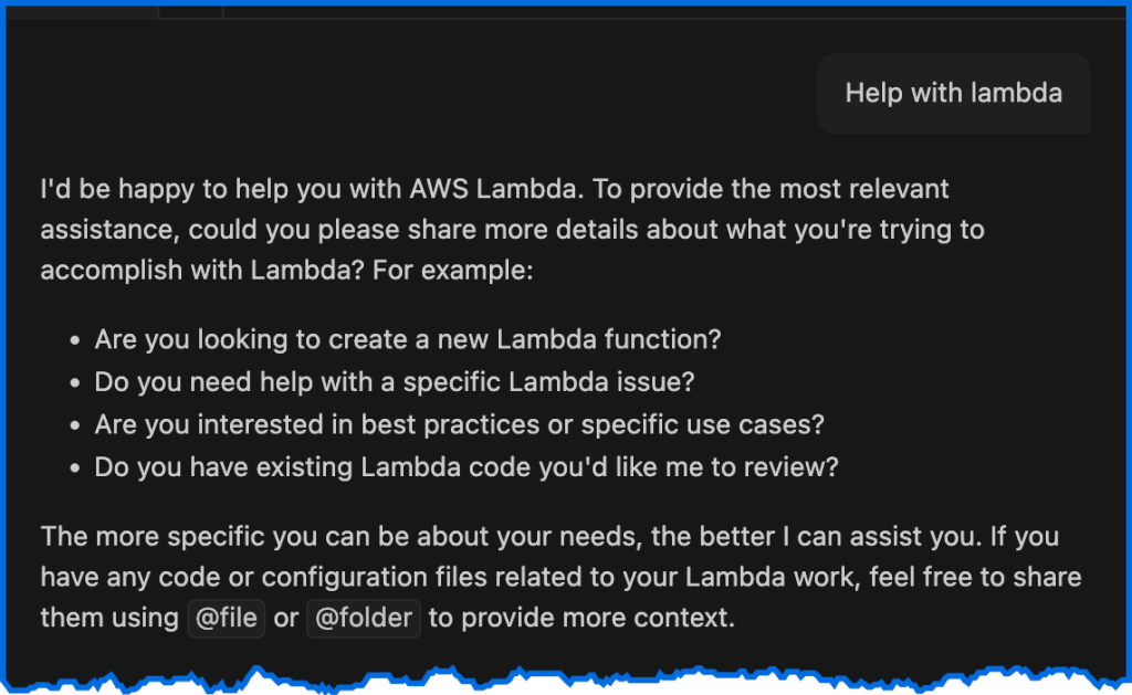 Image showing the Amazon Q Developer IDE Chat panel where the user entered the vague prompt: 'Help with Lambda'. Amazon Q Developer responds by asking clarifying questions.