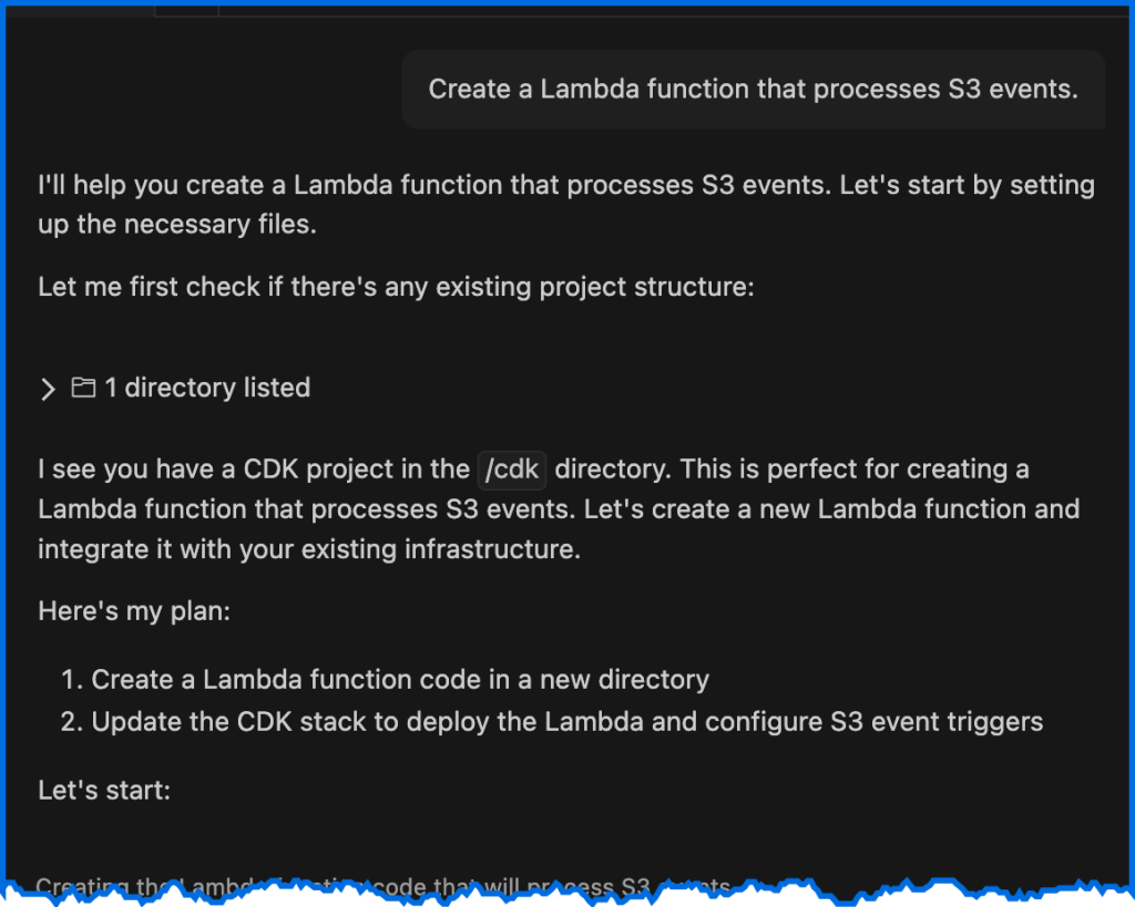 Image showing the Amazon Q Developer chat pane where the user entered the prompt: "Create a Lambda function that processes S3 events."