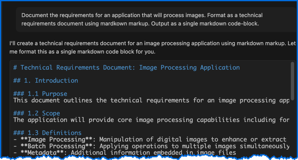 Image showing the Amazon Q Developer chat panel with the user submitted prompt: "Document the requirements for an application that will process images. Format as a technical requirements document using markdown markup. Output as a single markdown code-block." The response is much more detailed, and aligns with the user's request.