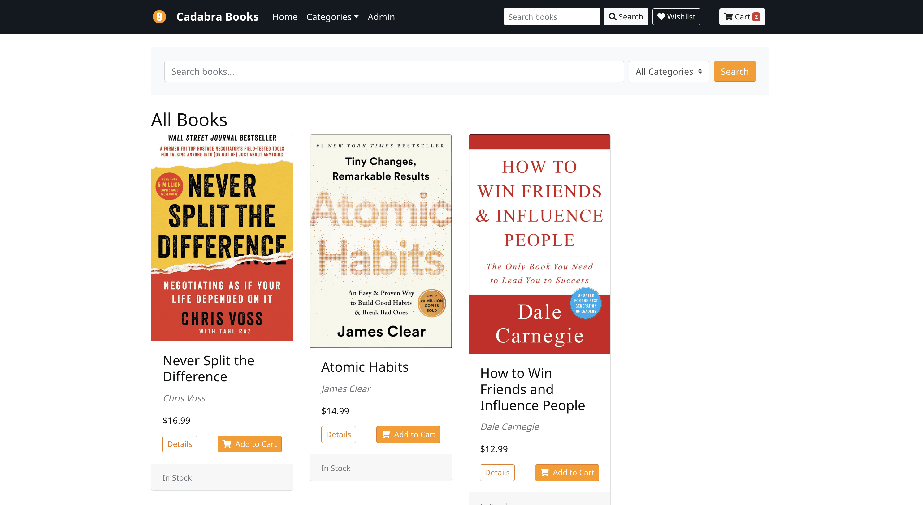 Screenshot of a sample book sales website.