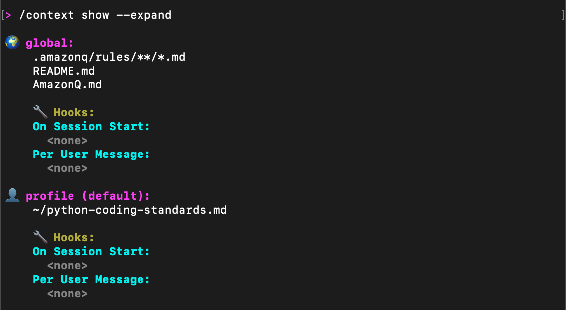 A terminal window showing an expanded context view with two main sections. The 'global' section (marked with a globe icon) lists three markdown files: amazonq/rules/**/*.md, README.md, and AmazonQ.md. It includes hooks for 'On Session Start' and 'Per User Message', both showing '<none>'. Below that, a 'profile (default)' section (marked with a user icon) shows ~/python-coding-standards.md and has the same hook structure, also with '<none>' values. The command shown at the top is '/context show --expand'.