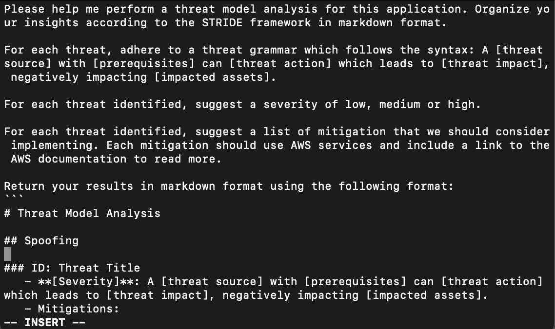 A screenshot showing instructions for performing a threat model analysis using the STRIDE framework. The text requests threat analysis details in markdown format, including threat source, prerequisites, actions, impacts, and affected assets. It asks for severity ratings (low/medium/high) and AWS-based mitigation suggestions with documentation links. The image includes a template structure showing how to format the markdown response, with sections for "Threat Model Analysis," "Spoofing," and individual threat entries.